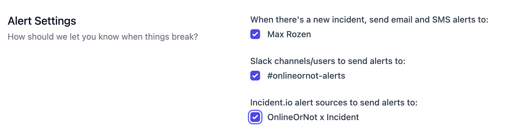 Incident.io alert settings with OnlineOrNot