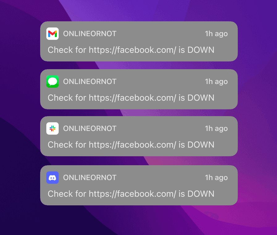 OnlineOrNot sends alerts via Email, SMS, Slack, Discord, Webhooks, and on-call integrations
