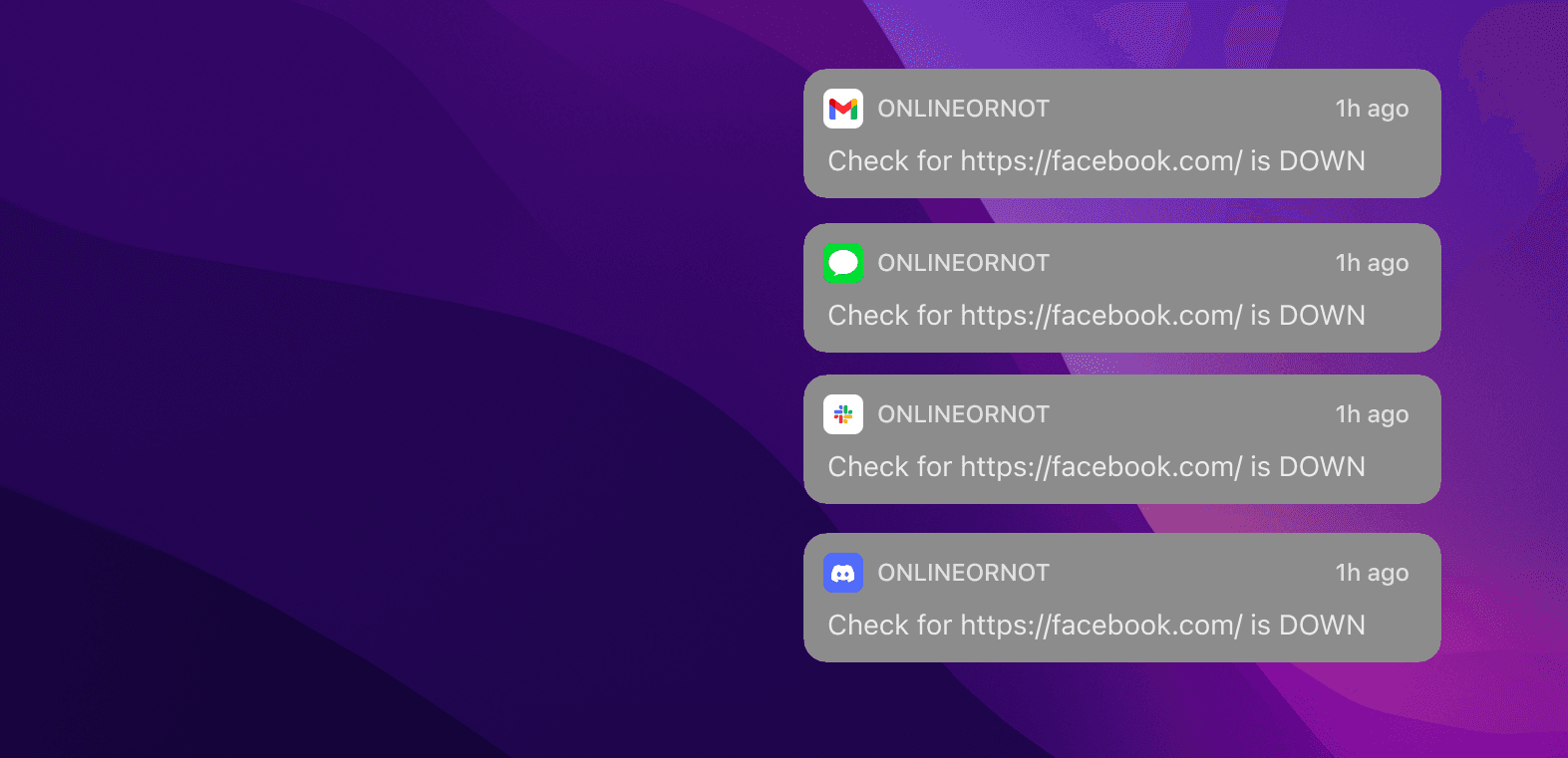 OnlineOrNot sends alerts via Email, SMS, Slack, Discord, Webhooks, and more to come.