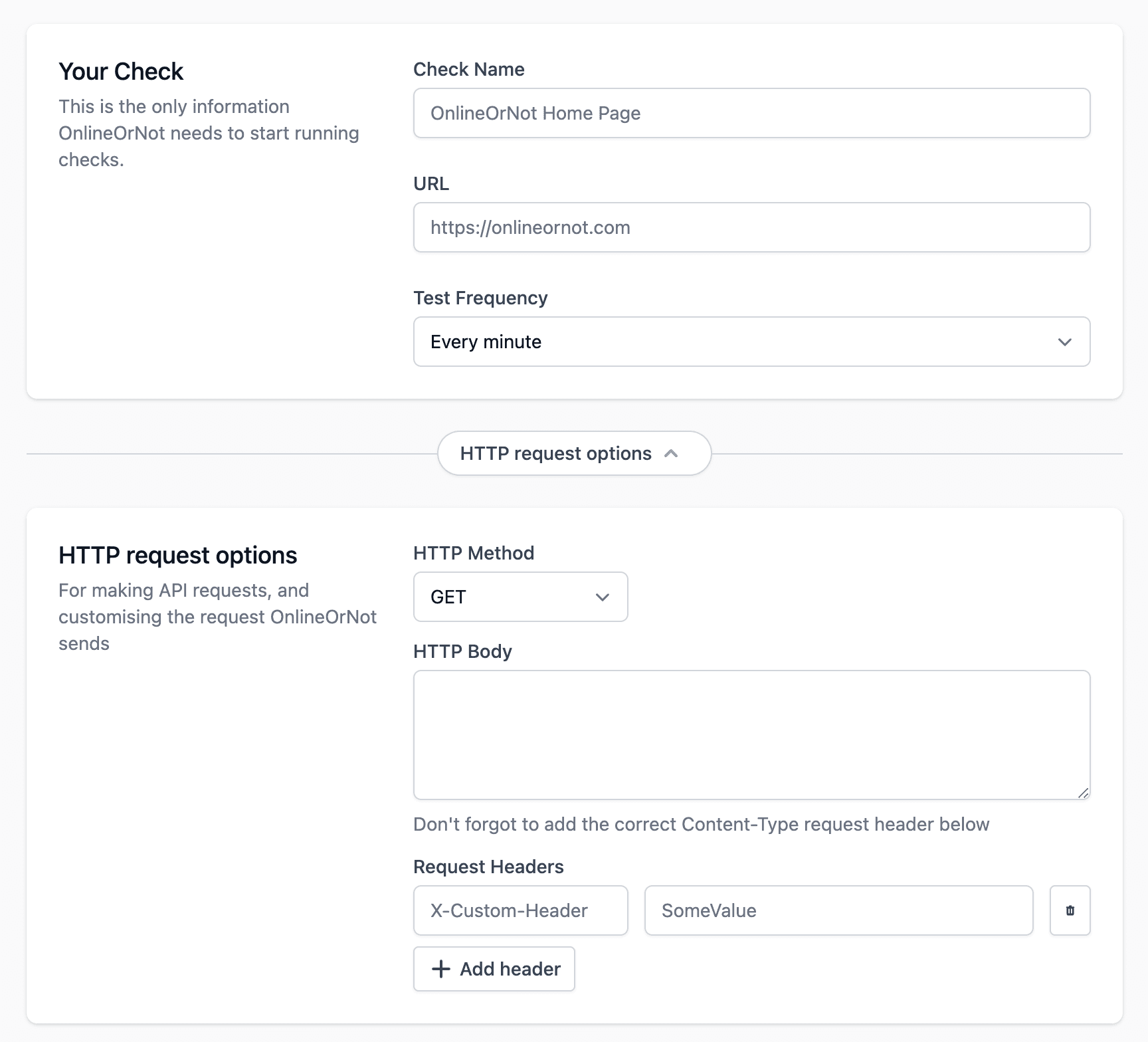 OnlineOrNot's Quick to configure uptime checks