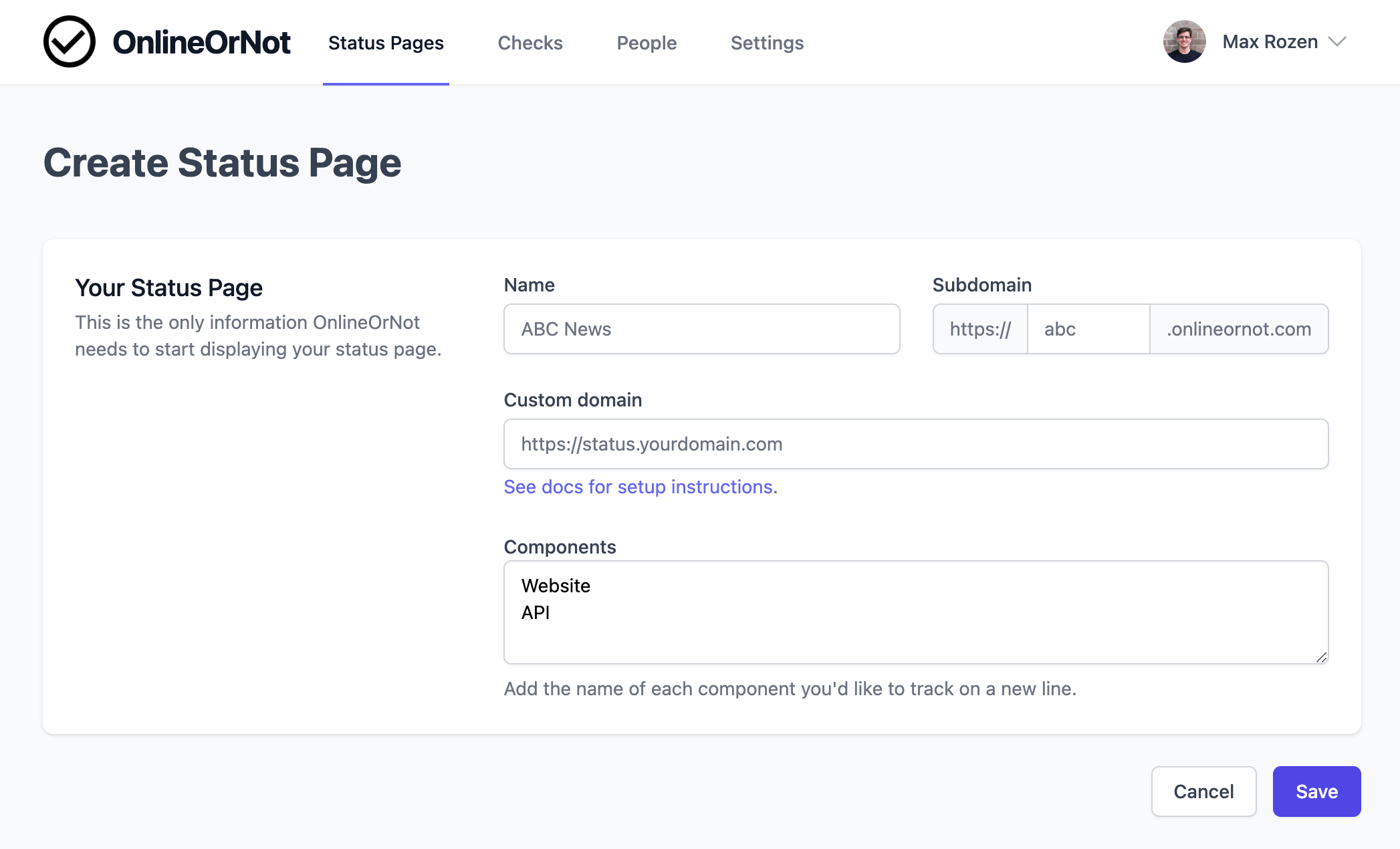 OnlineOrNot's Status Page Configuration Page