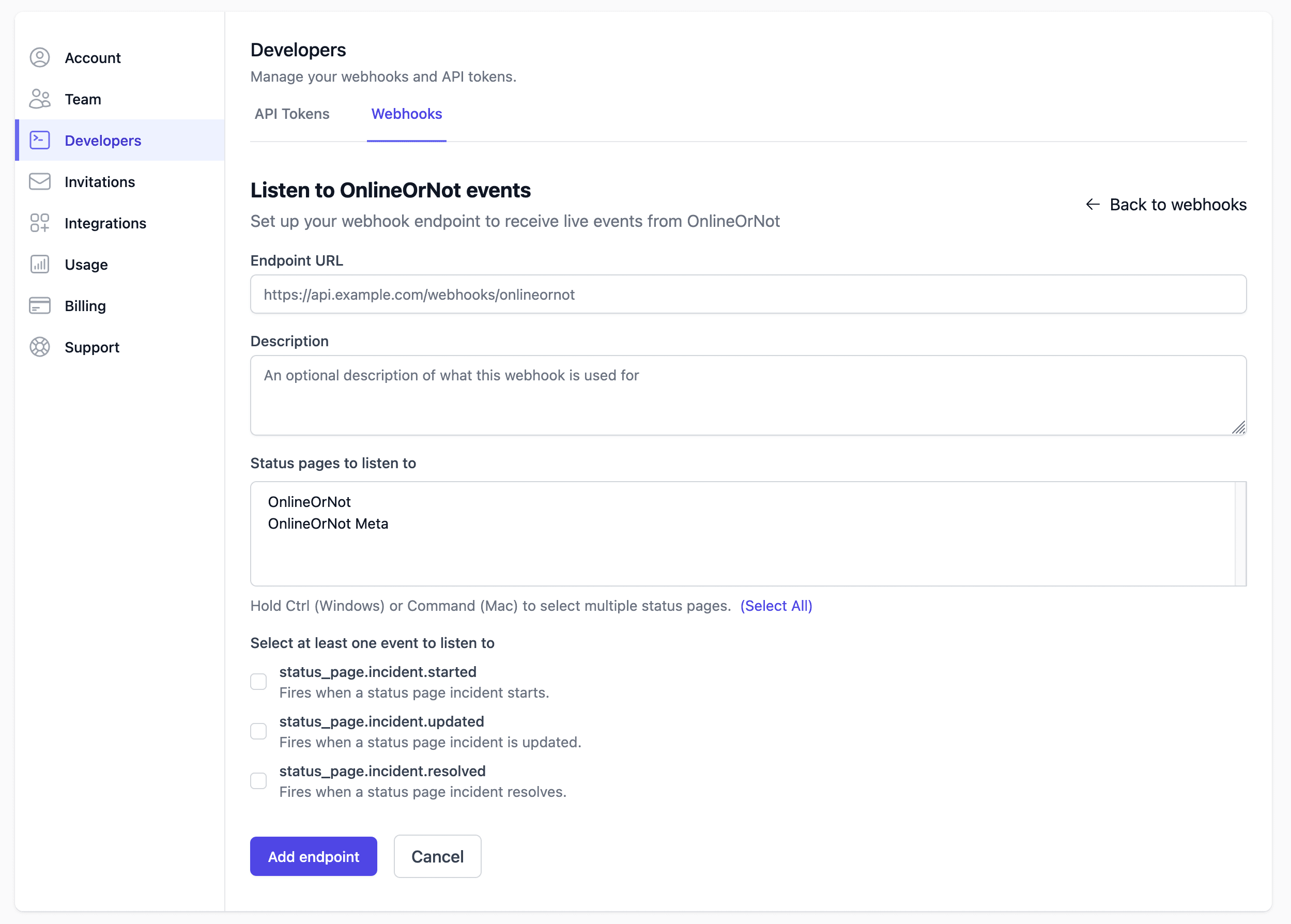 Status page webhooks - OnlineOrNot