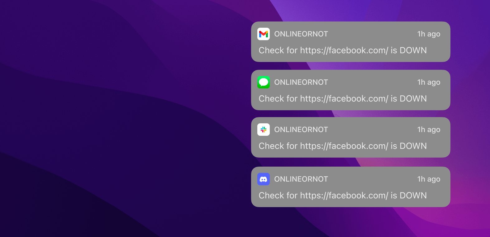 OnlineOrNot sends alerts via Email, SMS, Slack, Discord, Webhooks, and more to come.