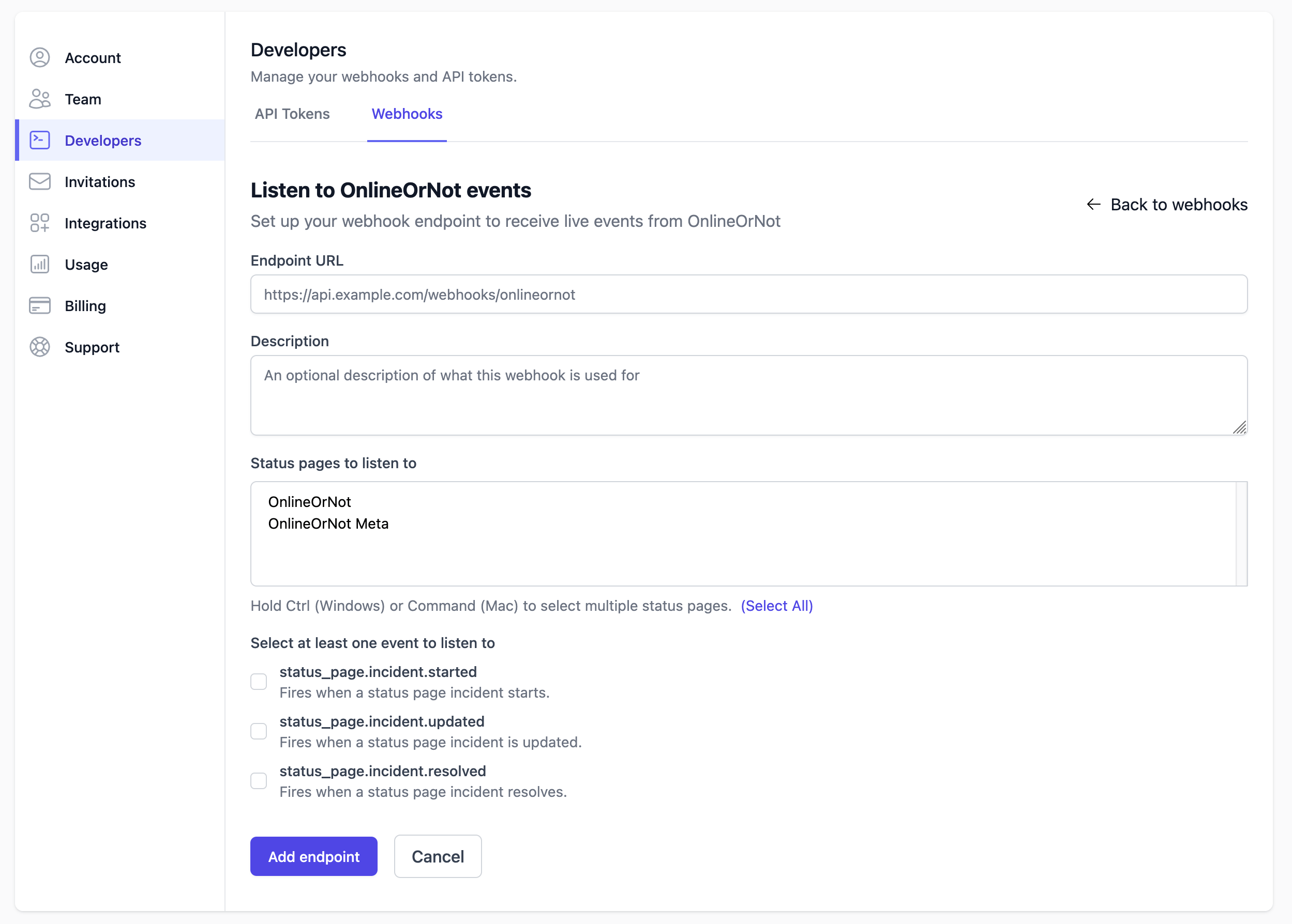 OnlineOrNot status page webhooks