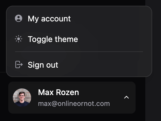 OnlineOrNot main dashboard with dark mode, dropdown