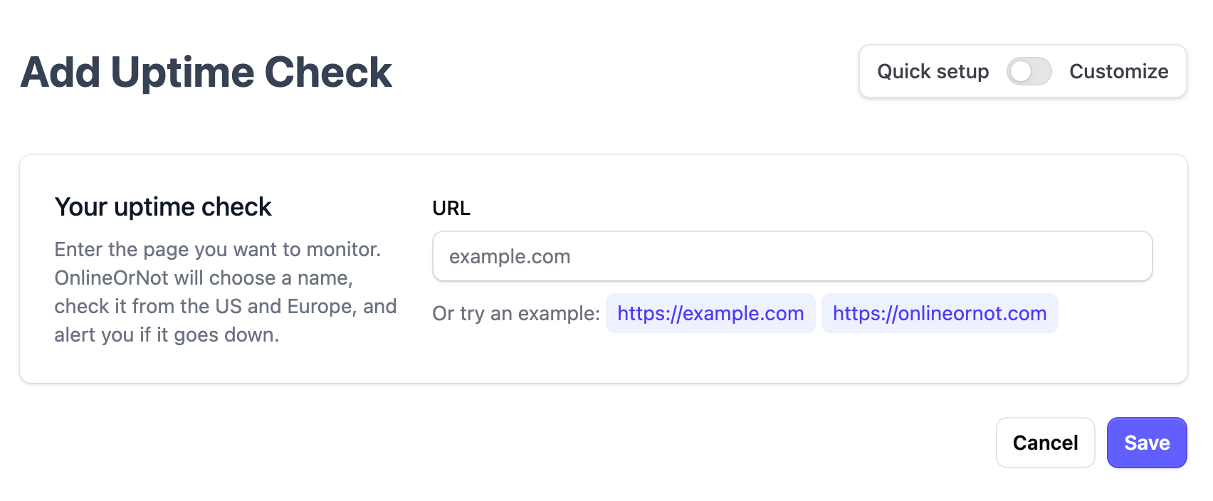 Quick setup for an uptime check - OnlineOrNot