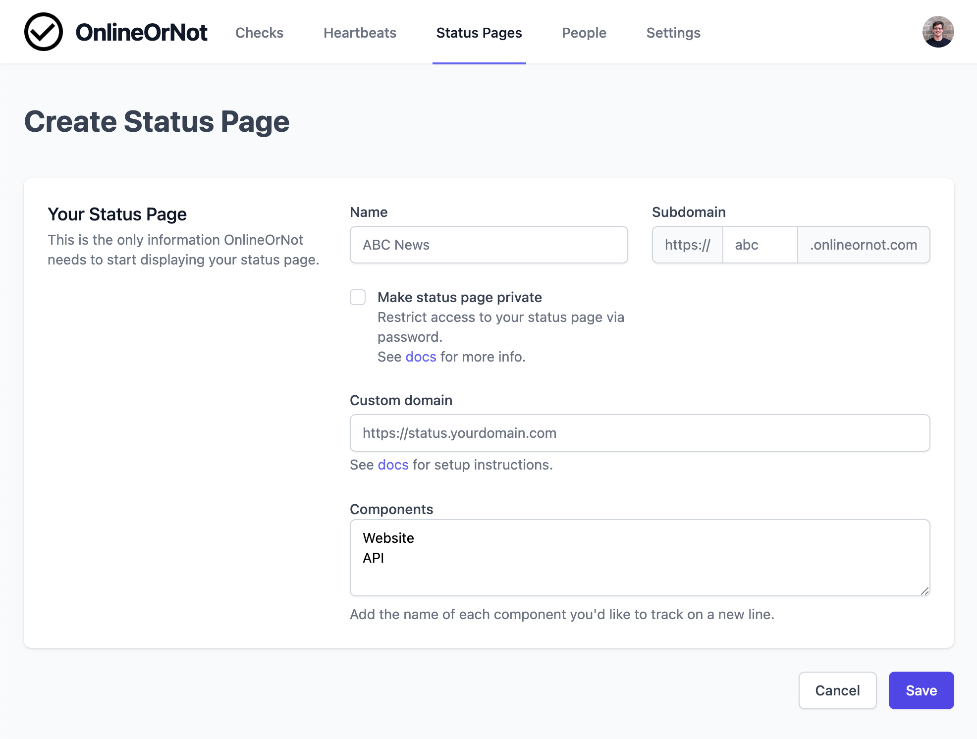 OnlineOrNot Create Status Page