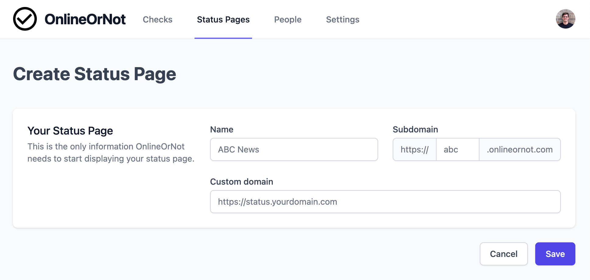 Custom Domain OnlineOrNot Status Page