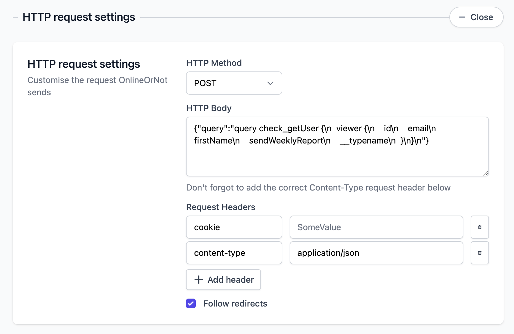 OnlineOrNot API HTTP Request settings