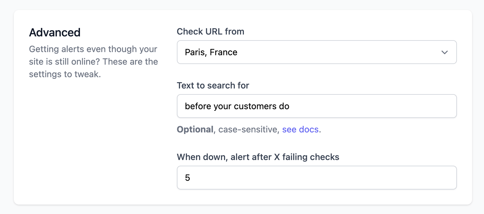 OnlineOrNot landing page monitoring advanced settings