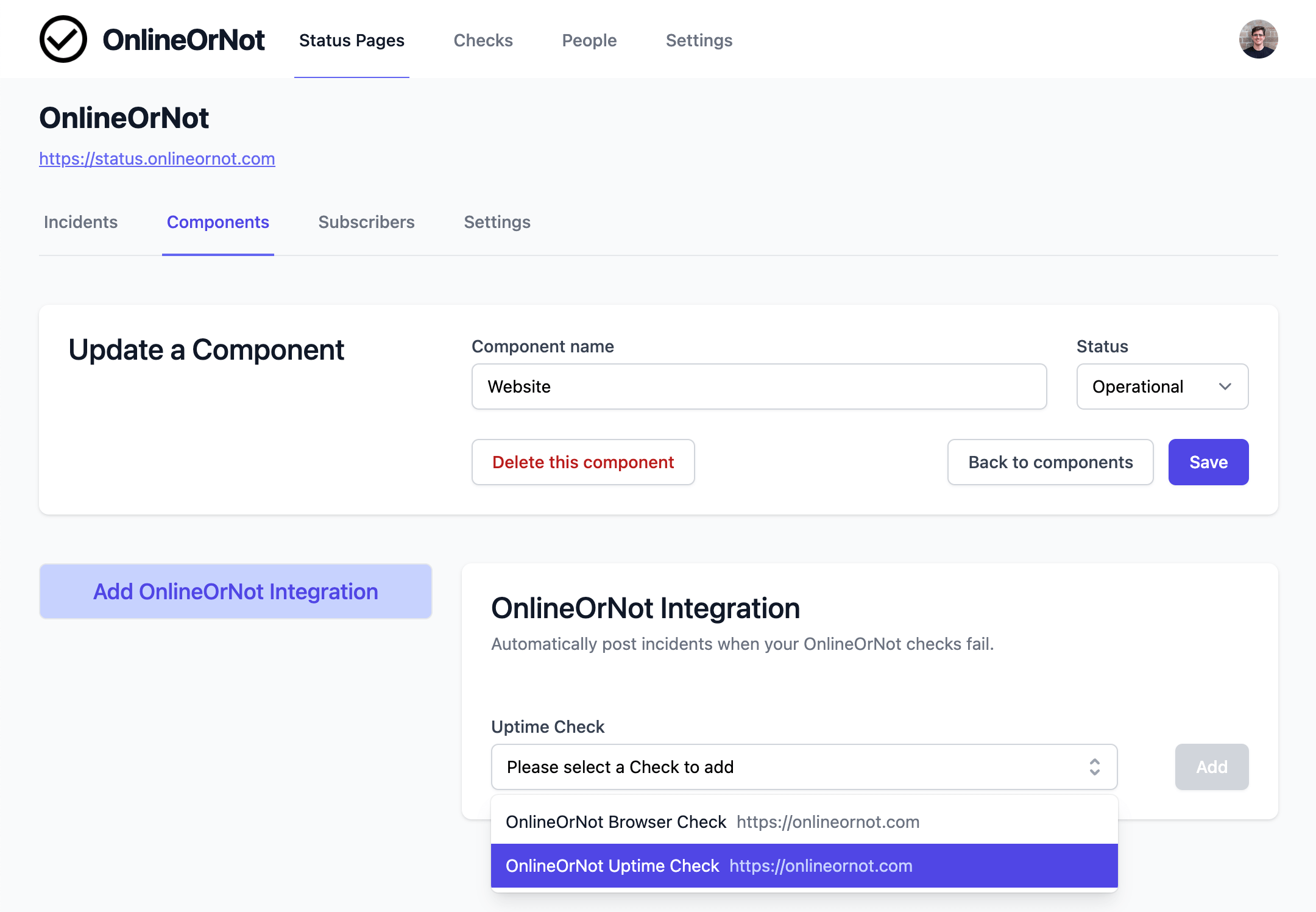 OnlineOrNot Select Check For Component