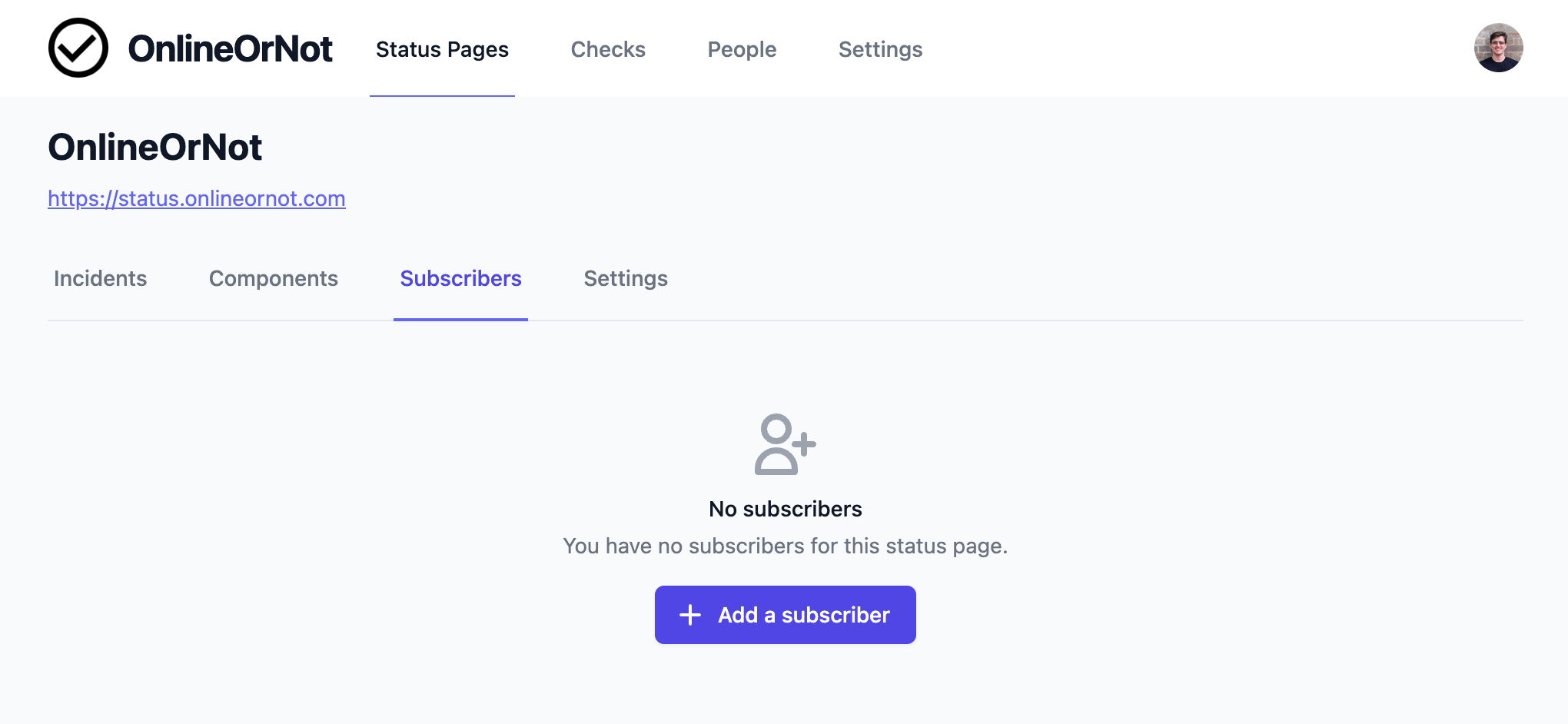 OnlineOrNot Status Pages Add Subscriber Screen