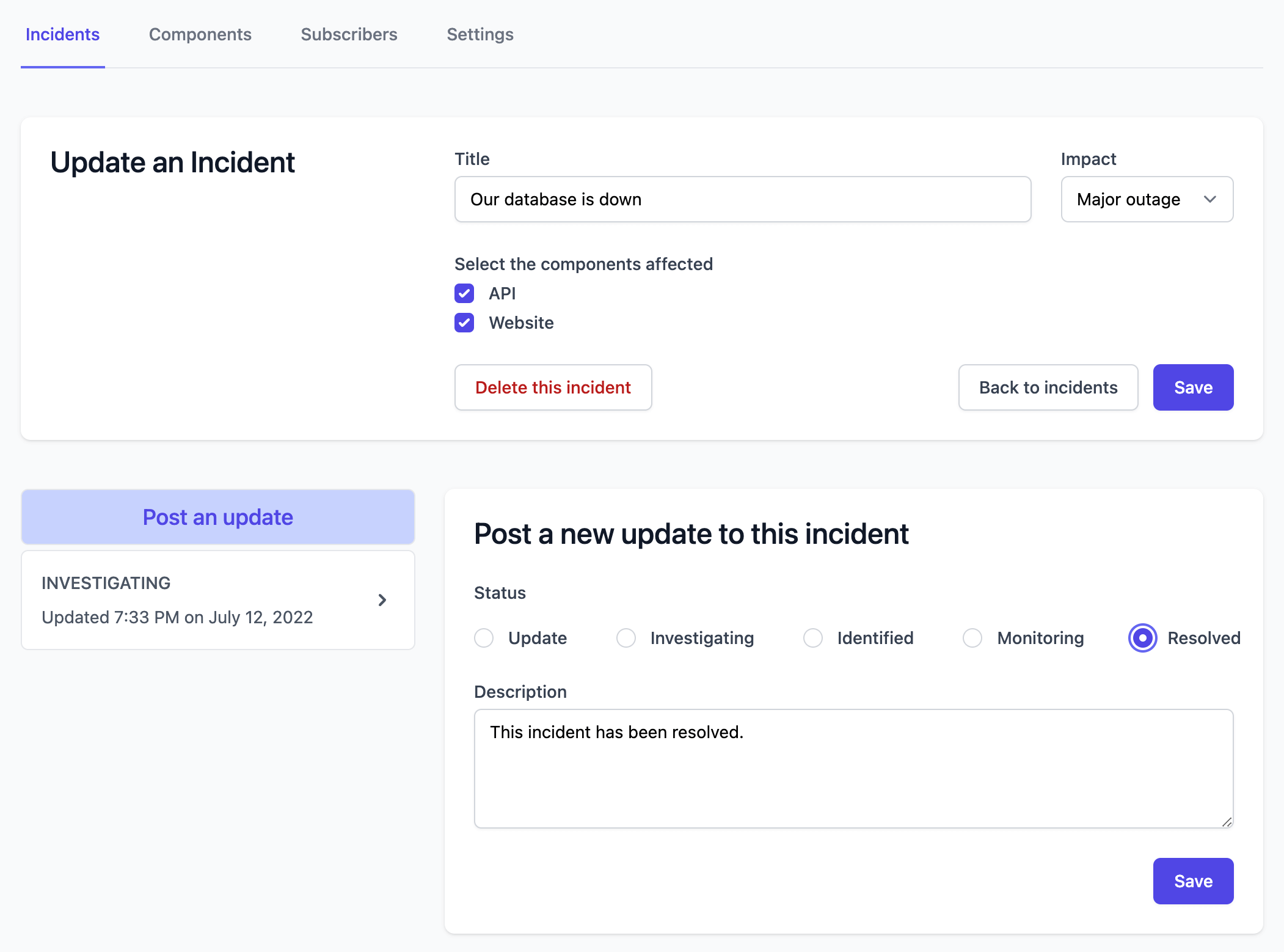 OnlineOrNot Status Pages Update an Incident Screen