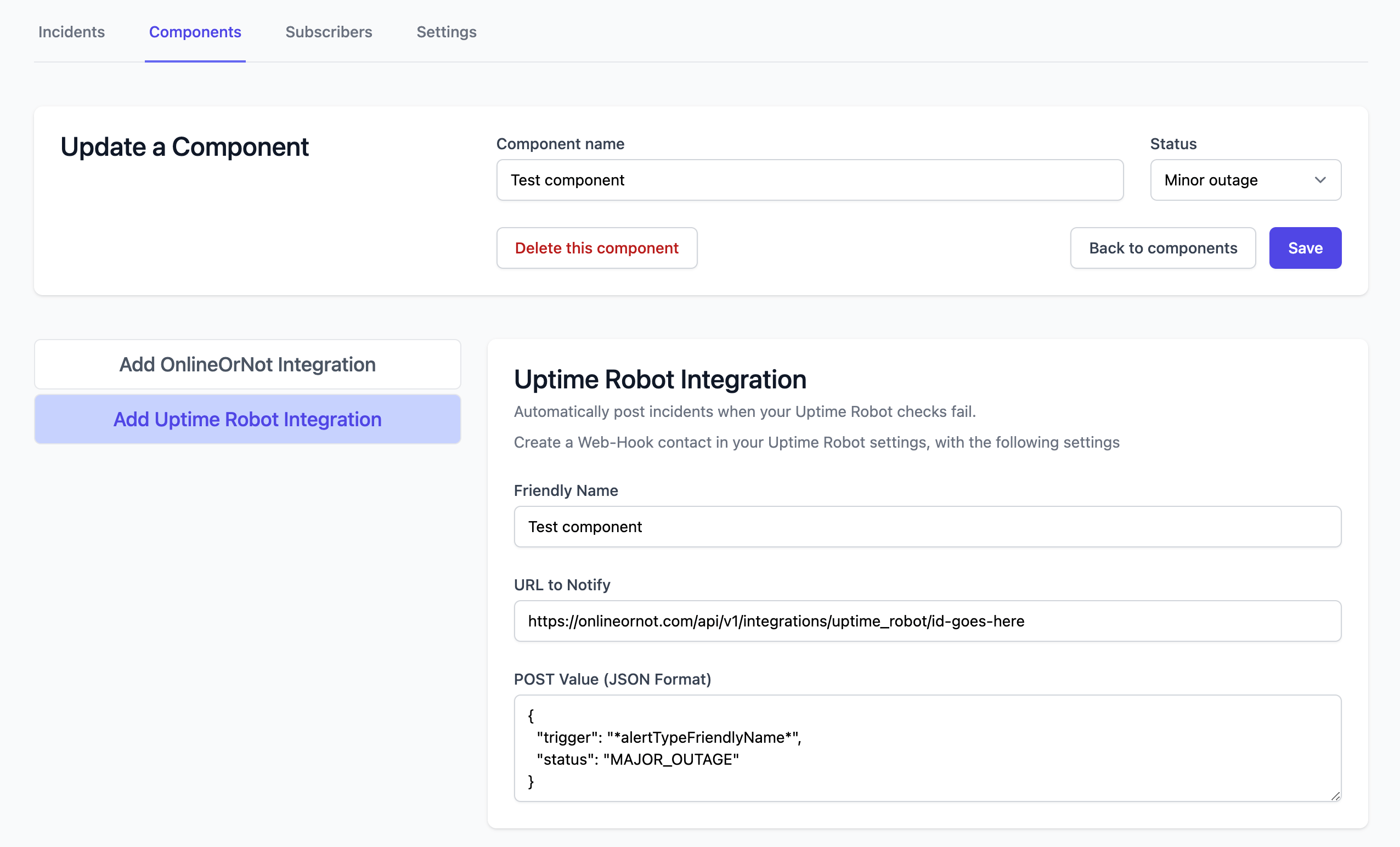 OnlineOrNot Uptime Robot Settings