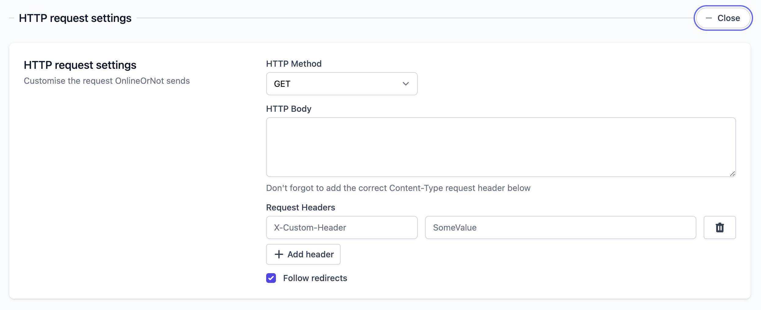 HTTP request settings section