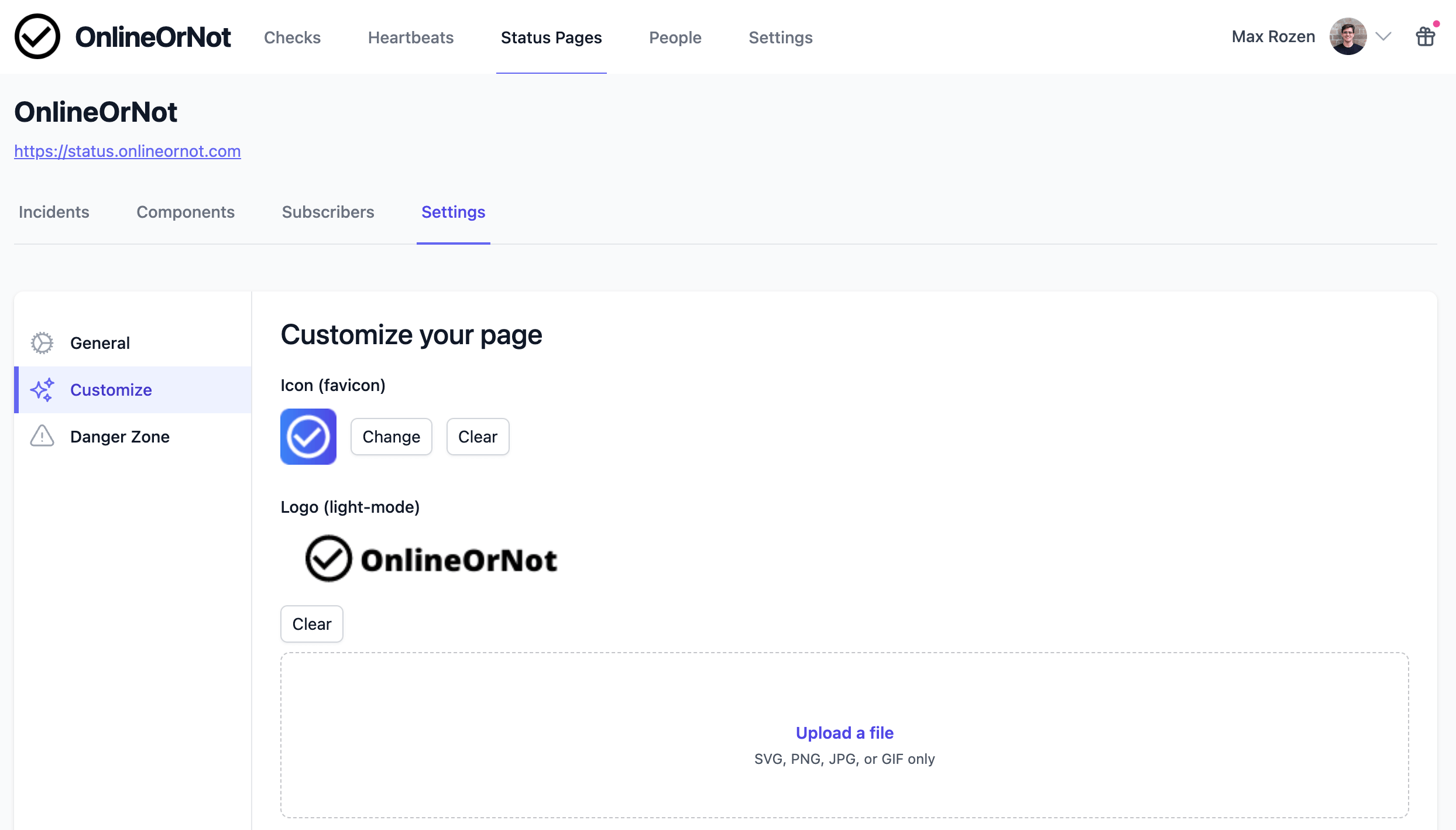 Custom Domain OnlineOrNot Status Page