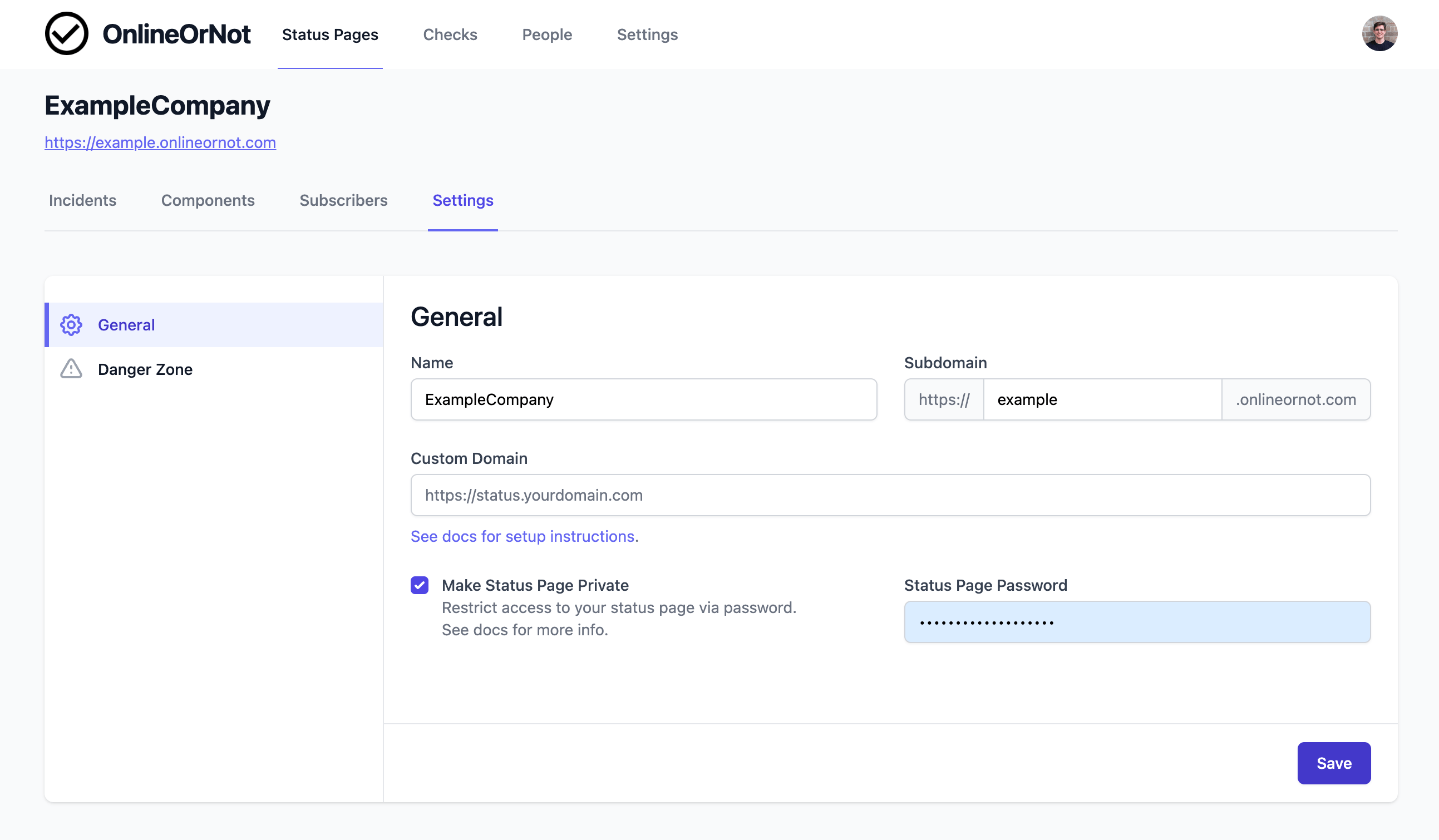 OnlineOrNot Status Page Settings