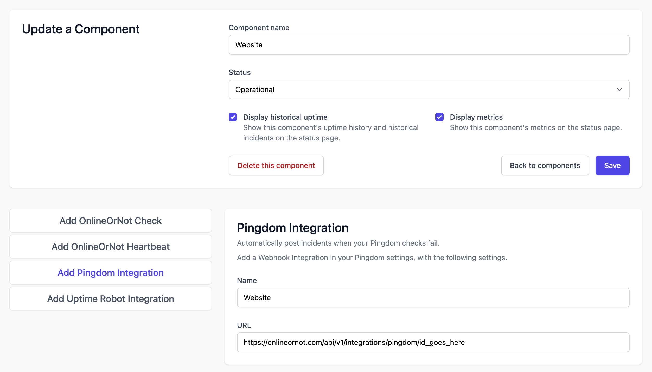 Pingdom integration - OnlineOrNot Status Page