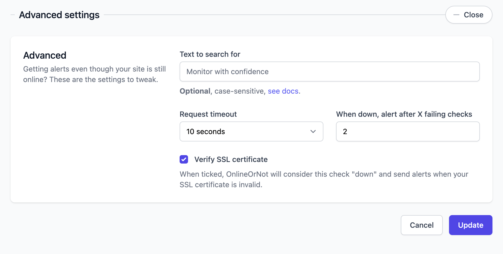 OnlineOrNot API monitoring advanced settings