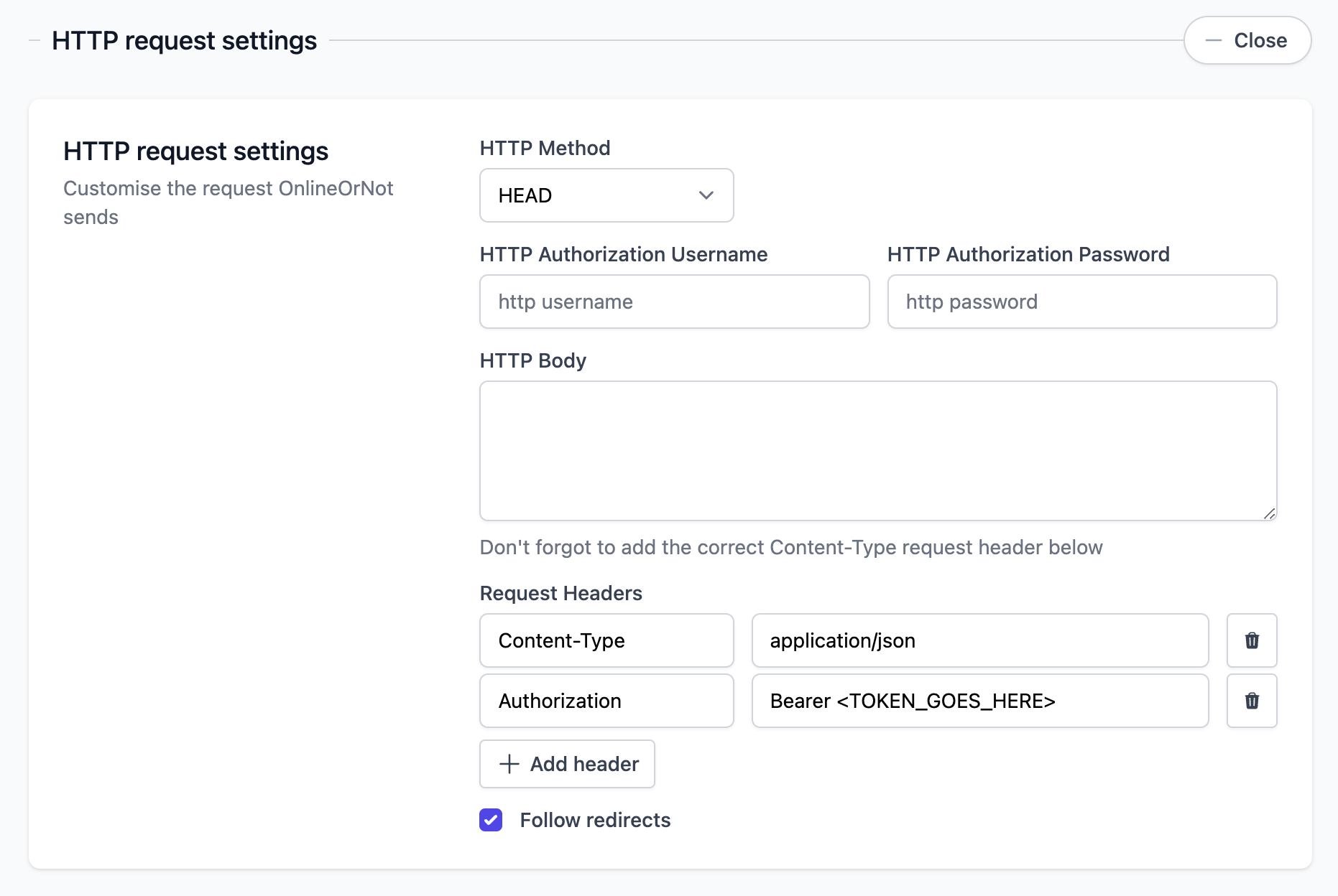 OnlineOrNot API HTTP Request settings