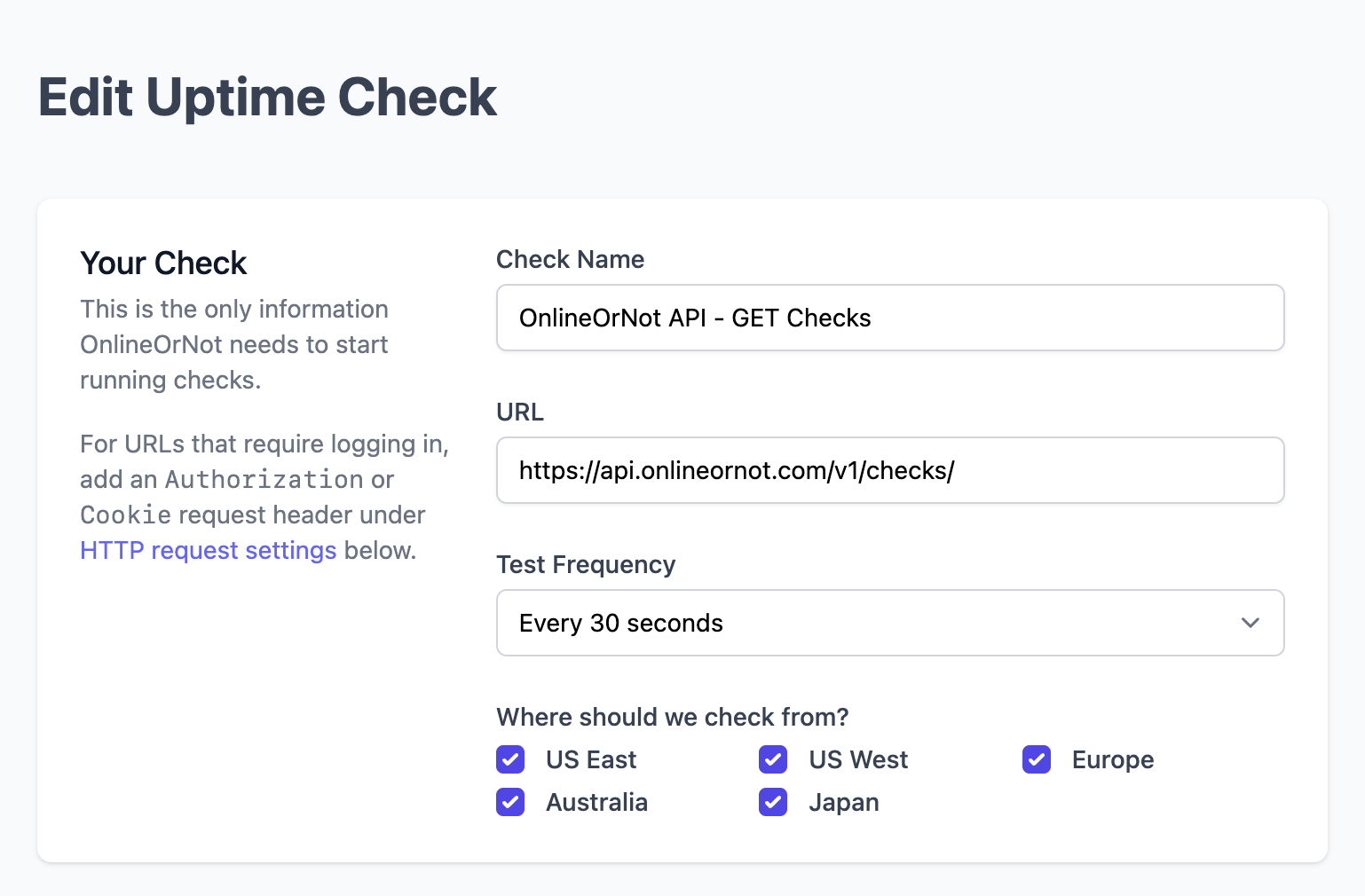 OnlineOrNot API monitoring settings