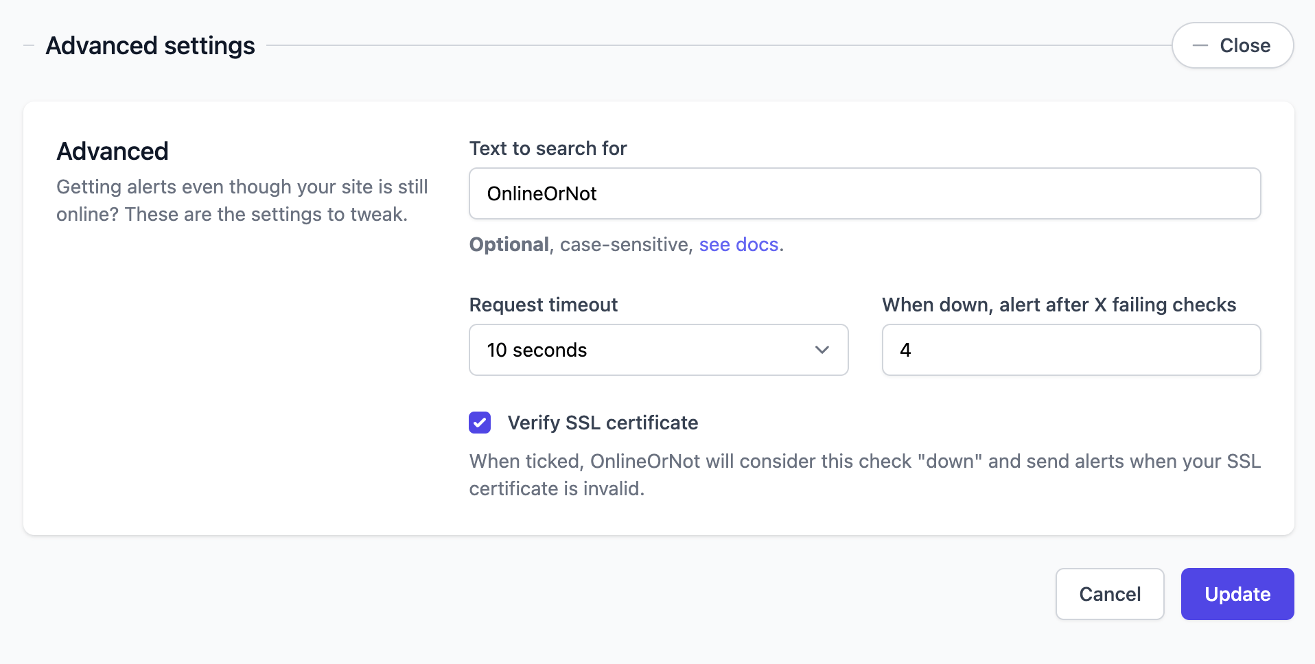 OnlineOrNot landing page monitoring advanced settings