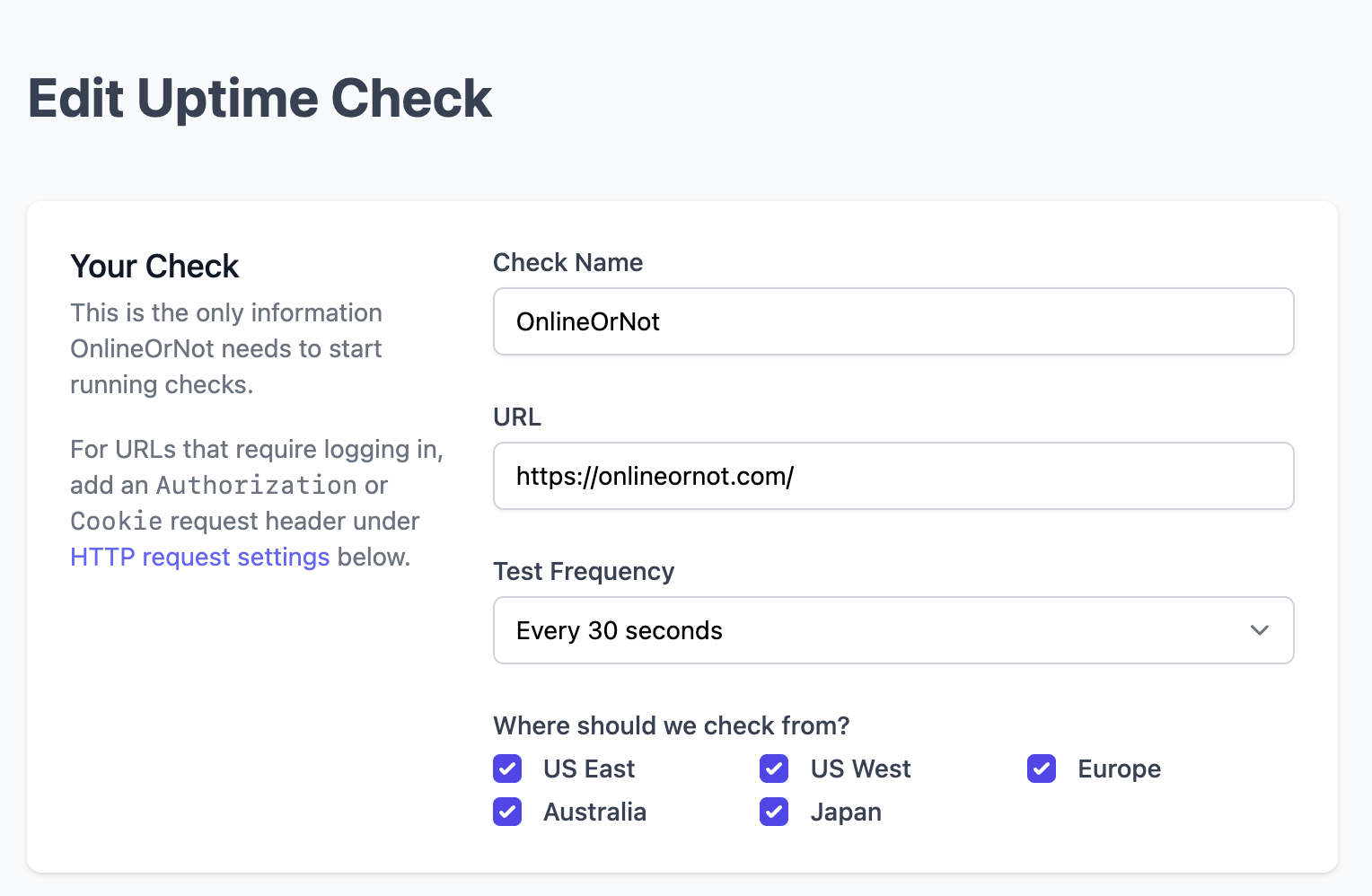 OnlineOrNot landing page monitoring settings